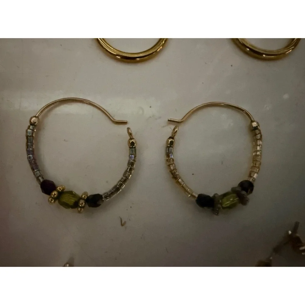 Gold Tone Hoop Earring Set Large Black Enamel Beaded Boho and Small Huggie Hoops